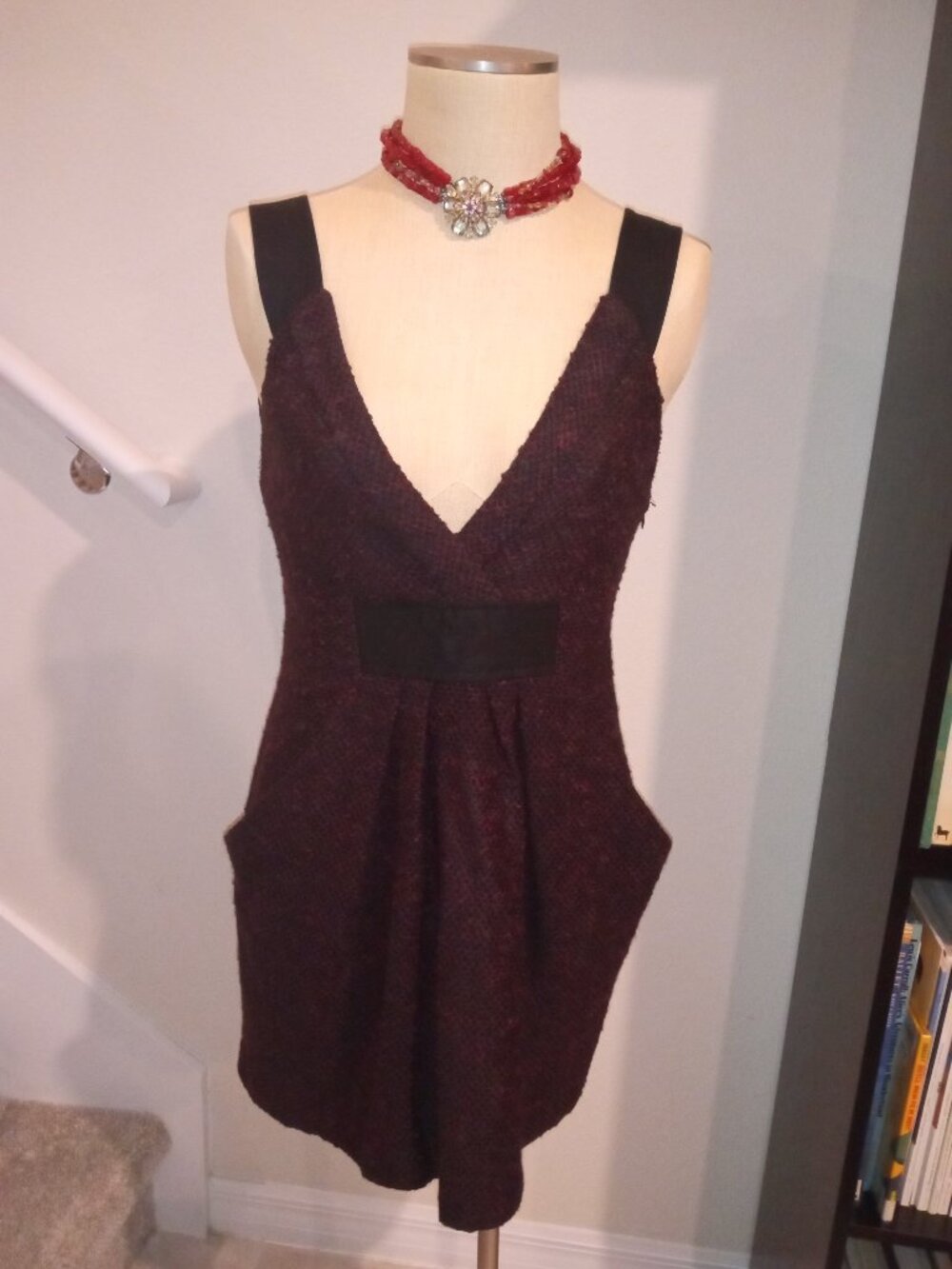 Nanette Lepore Red and Black Wool V Neck Dress